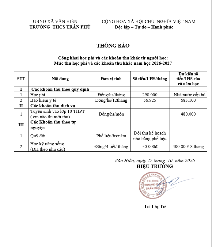 Công khai học phí và các khoản thu khác từ người học:  Mức thu học phí và các khoản thu khác năm học 2026-2027